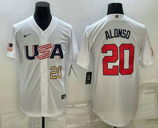 Mens USA Baseball #20 Pete Alonso Number 2023 White World Baseball Classic Stitched Jersey