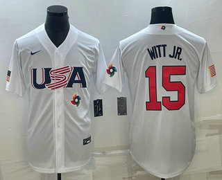 Men's USA Baseball #15 Bobby Witt Jr Number 2023 White World Baseball Classic Replica Stitched Jersey1