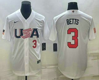 Mens USA Baseball #3 Mookie Betts Number 2023 White World Baseball Classic Replica Stitched Jersey