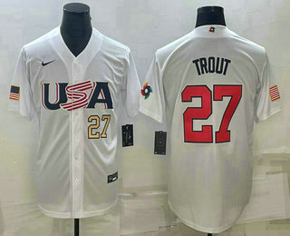 Men's USA Baseball #27 Mike Trout Number 2023 White World Baseball Classic Replica Stitched Jerseys