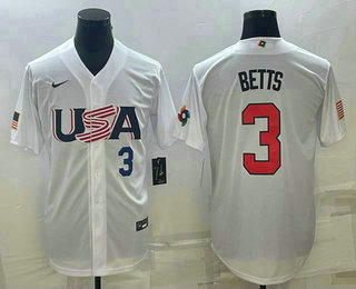 Men's USA Baseball #3 Mookie Betts Number 2023 White World Baseball Classic Replica Stitched Jerseys