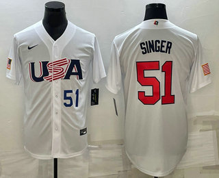 Mens USA Baseball #51 Brady Singer Number 2023 White World Baseball Classic Stitched Jersey