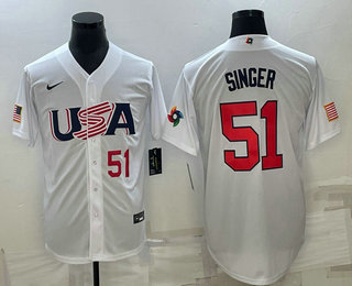 Men's USA Baseball #51 Brady Singer Number 2023 White World Baseball Classic Stitched Jersey