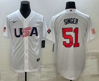 Men's USA Baseball #51 Brady Singer 2023 White World Baseball Classic Stitched Jerseys