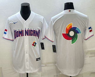 Men's Dominican Republic Baseball 2023 White World Baseball Big Logo With Patch Classic Stitched Jersey