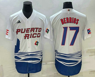 Men's Puerto Rico Baseball #17 Jose Berrios 2023 White World Baseball Classic Stitched Jersey