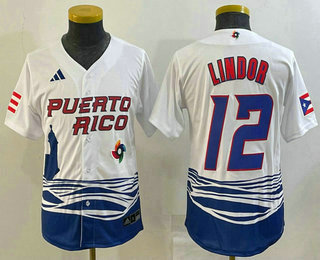 Youth Puerto Rico Baseball #12 Francisco Lindor 2023 White World Baseball Classic Stitched Jersey