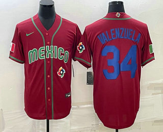 Men's Mexico Baseball #34 Fernando Valenzuela 2023 Red Blue World Baseball Classic Stitched Jersey