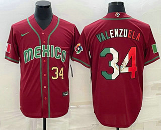 Men's Mexico Baseball #34 Fernando Valenzuela Number 2023 Red Blue World Baseball Classic Stitched Jersey3