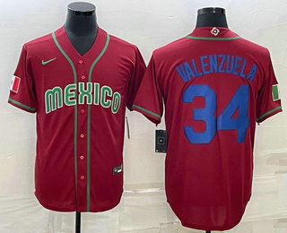 Mens Mexico Baseball #34 Fernando Valenzuela 2023 Red Blue World Baseball Classic Stitched Jersey