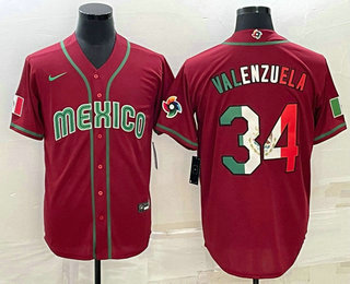 Men's Mexico Baseball #34 Fernando Valenzuela 2023 Red Blue World Baseball Classic Stitched Jerseys