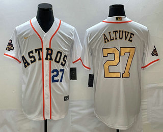 Men's Houston Astros #27 Jose Altuve Number 2023 White Gold World Serise Champions Patch Cool Base Stitched Jersey