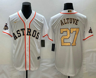 Men's Houston Astros #27 Jose Altuve 2023 White Gold World Serise Champions Patch Cool Base Stitched Jersey