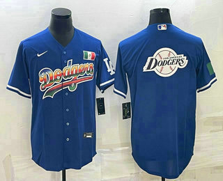 Men's Los Angeles Dodgers Big Logo Rainbow Blue Cool Base Nike Jerseys2