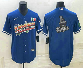 Men's Los Angeles Dodgers Big Logo Rainbow Blue Cool Base Nike Jerseys