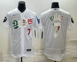 Men's Los Angeles Dodgers #7 Julio Urias Number White With Vin Scully Patch Flex Base Stitched Baseball Jersey