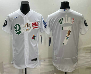 Men's Los Angeles Dodgers #7 Julio Urias White With Vin Scully Patch Flex Base Stitched Baseball Jersey