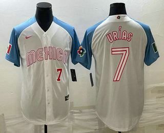 Men's Mexico Baseball #7 Julio Urias Number 2023 White Blue World Classic Stitched Jersey4