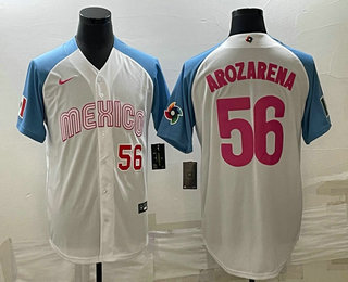 Men's Mexico Baseball #56 Randy Arozarena Number 2023 White Blue World Classic Stitched Jersey8