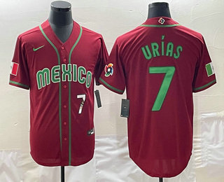 Mens Mexico Baseball #7 Julio Urias Number 2023 Red Green World Baseball Classic Stitched Jersey