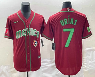 Men's Mexico Baseball #7 Julio Urias 2023 Red Green World Baseball Classic Stitched Jersey