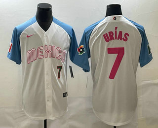 Men's Mexico Baseball #7 Julio Urias Number 2023 White Blue World Classic Stitched Jersey6