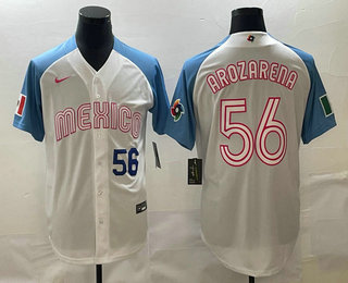 Men's Mexico Baseball #56 Randy Arozarena Number 2023 White Blue World Classic Stitched Jersey11