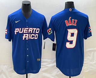 Men's Puerto Rico Baseball #9 Javier Baez 2023 Blue World Baseball Classic Stitched Jerseys