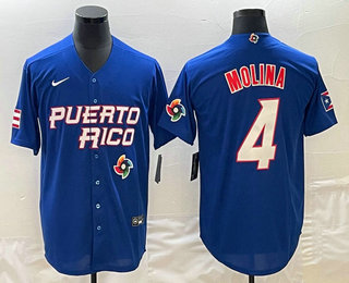 Men's Puerto Rico Baseball #4 Yadier Molina 2023 Blue World Baseball Classic Stitched Jersey