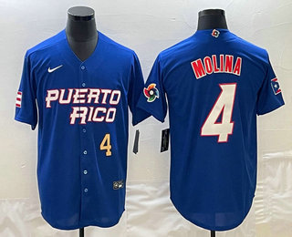 Men's Puerto Rico Baseball #4 Yadier Molina Number 2023 Blue World Baseball Classic Stitched Jerseys