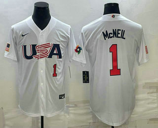 Men's USA Baseball #1 Jeff McNeil Number 2023 White World Classic Stitched Jersey