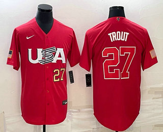 Mens USA Baseball #27 Mike Trout Number 2023 Red World Classic Stitched Jersey