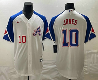 Mens Atlanta Braves #10 Chipper Jones Number White 2023 City Connect Cool Base Stitched Jersey