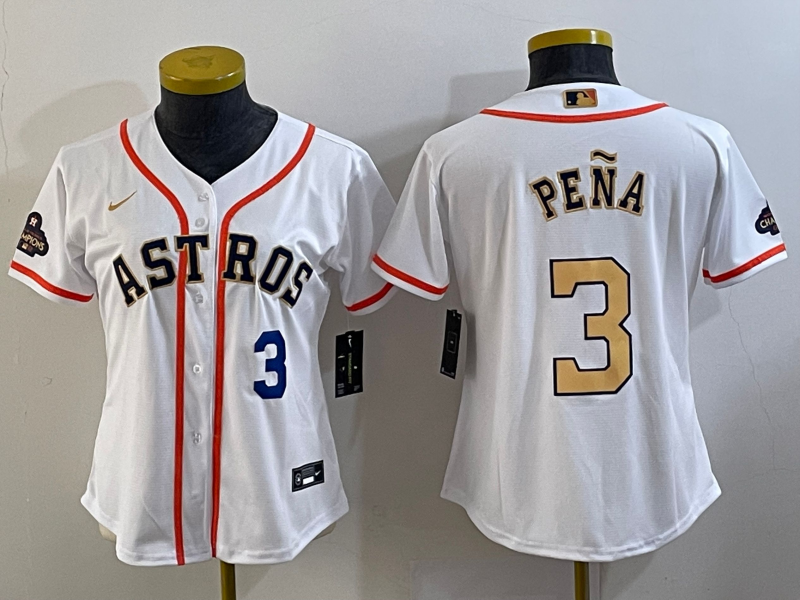 Women's Houston Astros #3 Jeremy Pena Number 2023 White Gold World Serise Champions Patch Cool Base Stitched Jersey1