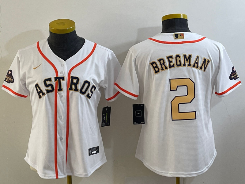 Women's Houston Astros #2 Alex Bregman 2023 White Gold World Serise Champions Patch Cool Base Stitched Jersey