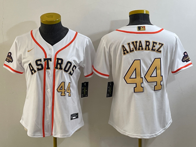 Women's Houston Astros #44 Yordan Alvarez Number 2023 White Gold World Serise Champions Patch Cool Base Stitched Jersey