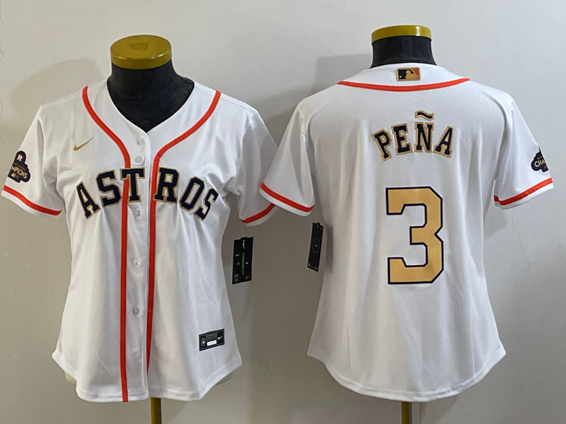 Women's Houston Astros #3 Jeremy Pena 2023 White Gold World Serise Champions Patch Cool Base Stitched Jersey