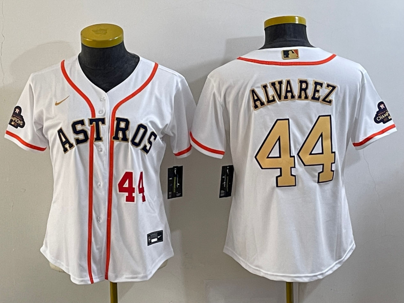 Women's Houston Astros #44 Yordan Alvarez Number 2023 White Gold World Serise Champions Patch Cool Base Stitched Jerseys