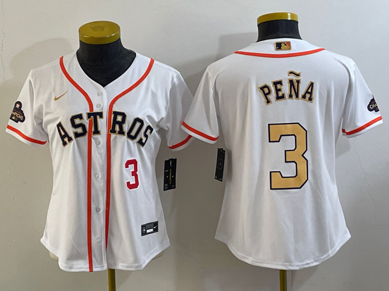 Women's Houston Astros #3 Jeremy Pena Number 2023 White Gold World Serise Champions Patch Cool Base Stitched Jerseys