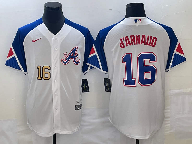 Men's Atlanta Braves #16 Travis dArnaud Number White 2023 City Connect Cool Base Stitched Jerseys