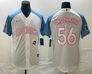 Men's Mexico Baseball #56 Randy Arozarena 2023 White Blue World Classic Stitched Jersey