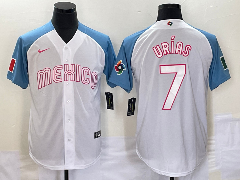 Men's Mexico Baseball #7 Julio Urias 2023 White Blue World Classic Stitched Jerseys