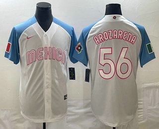 Men's Mexico Baseball #56 Randy Arozarena 2023 White Blue World Classic Stitched Jerseys