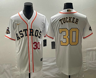 Men's Houston Astros #30 Kyle Tucker Number 2023 White Gold World Serise Champions Patch Cool Base Stitched Jerseys