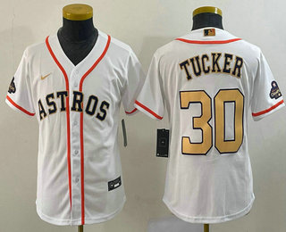 Youth Houston Astros #30 Kyle Tucker 2023 White Gold World Serise Champions Patch Cool Base Stitched Jersey