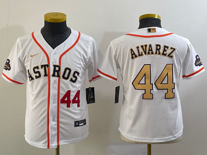 Youth Houston Astros #44 Yordan Alvarez Number 2023 White Gold World Serise Champions Patch Cool Base Stitched Jerseys