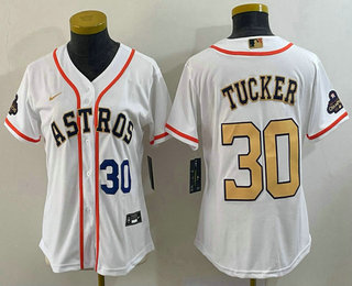 Women's Houston Astros #30 Kyle Tucker Number 2023 White Gold World Serise Champions Patch Cool Base Stitched Jersey