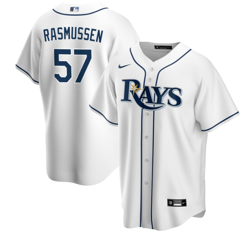 Men's Tampa Bay Rays Rasmussen,Drew - 57 White Home Retired Roster Stitched Baseball Jersey