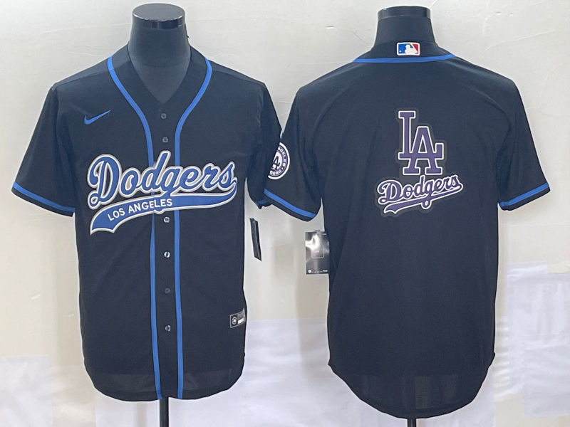 Men's Los Angeles Dodgers Black Team Big Logo With Patch Cool Base Stitched Baseball Jersey1