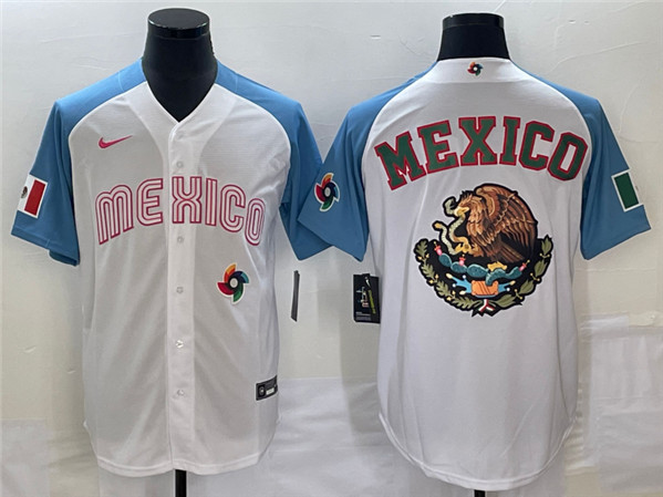 Men's Mexico Baseball 2023 White Blue Team Big Logo World Baseball Classic Stitched Jersey